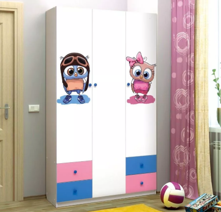 Шкаф 3-х дверный с ящиками и фотопечатью Совята 3.1 