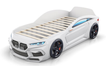 Кровать-машина Romeo с матрасом и подсветкой фар, белая 